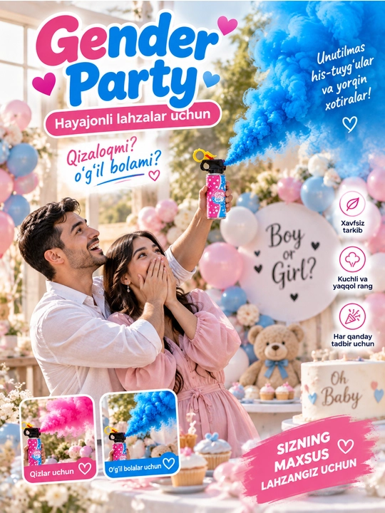 Gender Reveal Sprey Gender Party pushka pushti va ko'k  tutun,sprey Baby Shower Aksessuari