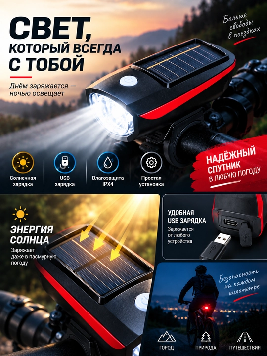 Велосипедный фонарь с сигналом, USB зарядкой и солнечной панелью
