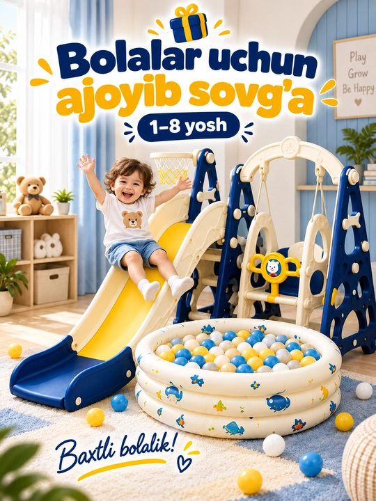 Детская горка с качелей Sky Blue, бассейн и игровой комплекс со 100+ шариками