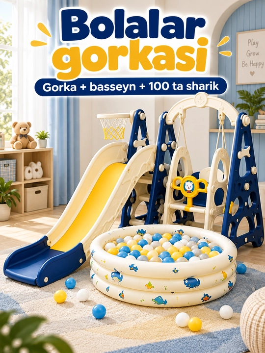 Детская горка с качелей Sky Blue, бассейн и игровой комплекс со 100+ шариками - 