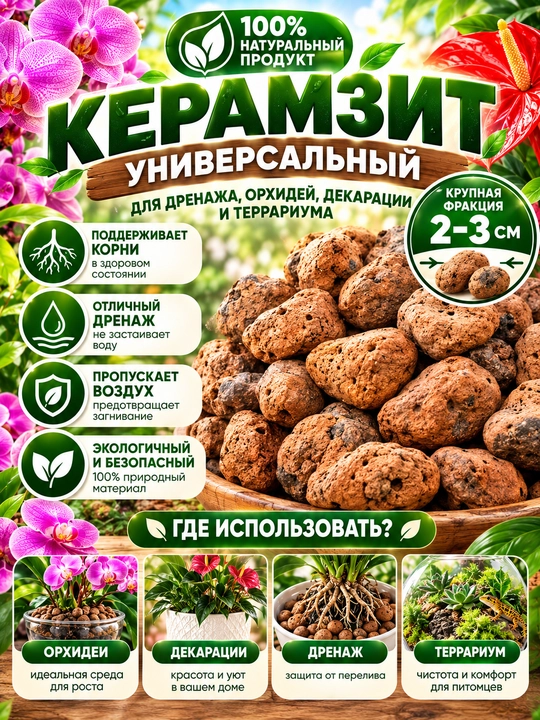 Уневерсальный Керамзит для растения орхидей и декора, мелкая средная крупная фракция - 