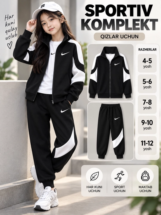4-12 yoshli qizlar uchun sport kostyumi, qora va oq sport kiyimlari