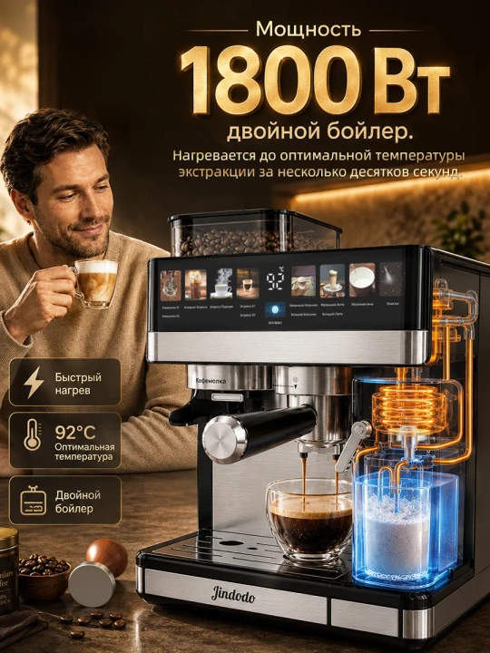 Kitchen qahva mashinasi 1350 Vt, 20 bar, kapuchinatorli, donli va rogovkali