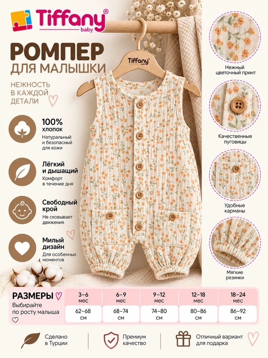 Муслиновый комбинезон Tiffany Baby с оранжевым цветочным принтом, молочный - 
