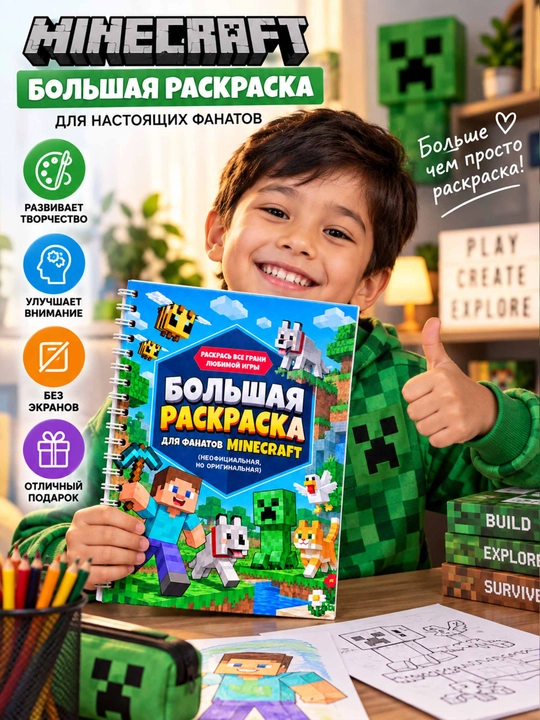 Большая раскраска в стиле Minecraft для детей, герои и животные игры