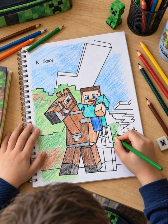 Большая раскраска в стиле Minecraft для детей, герои и животные игры