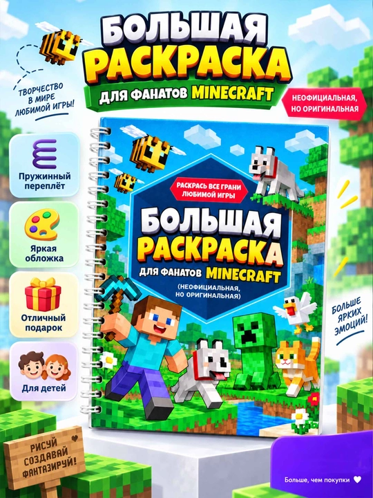 Большая раскраска в стиле Minecraft для детей, герои и животные игры