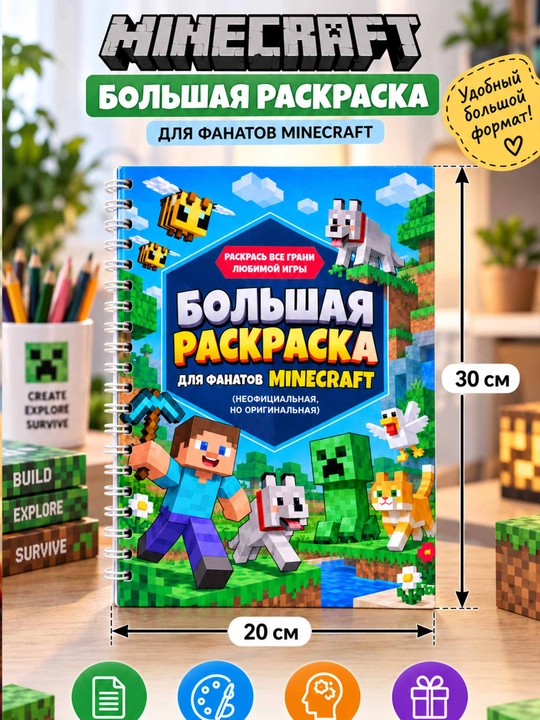 Большая раскраска в стиле Minecraft для детей, герои и животные игры