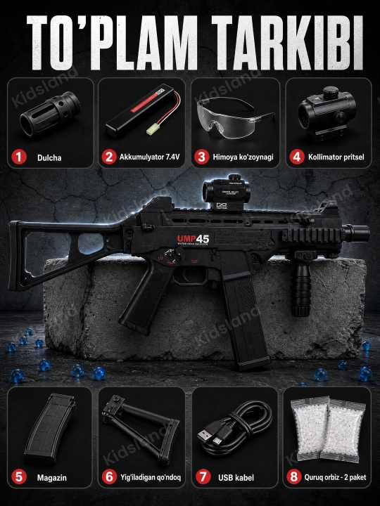 Орбиз автомат UMP45 электрический, игрушечное оружие, очки, 14+