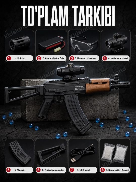 Orbiz avtomat AK-74U elektr, o'yinchoq qurol, ko'zoynak, 14+