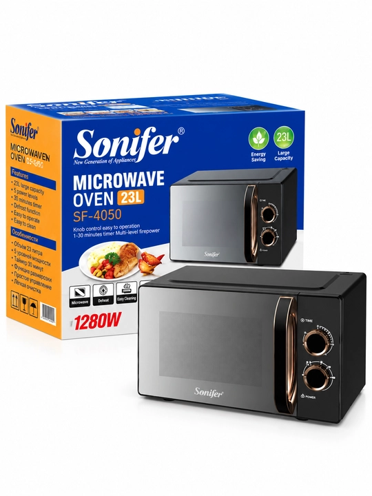 Mikroto‘lqinli pech Sonifer SF-4050, 23 L, mexanik boshqaruv, 1280 W, taymerli