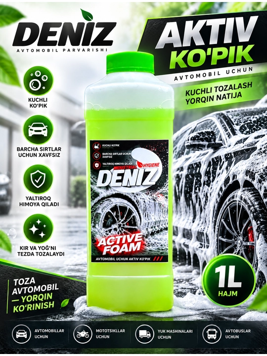Aktiv ko'pik DENIZ avtomobil yuvish uchun shampun, kontaktatsiz mo'yka, 1L - 