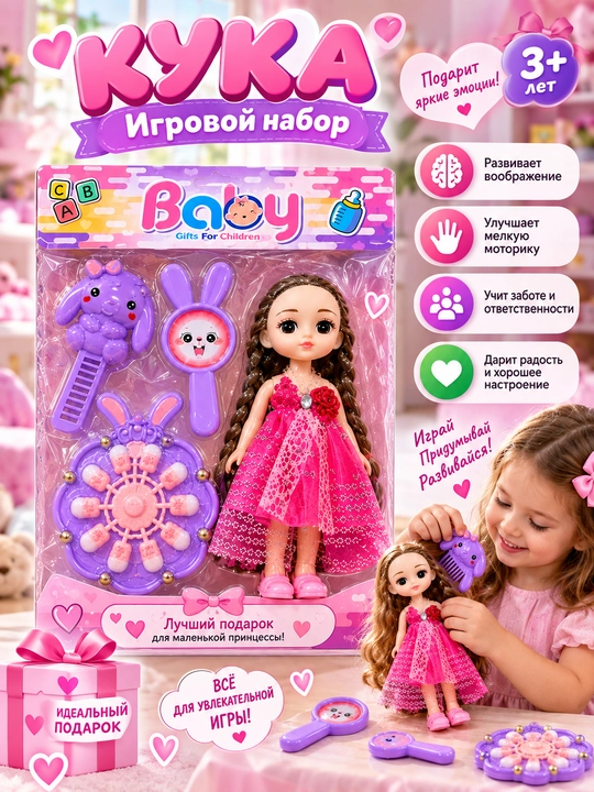 Набор игрушек 3+ кукла расческа часы аксессуары подарок девочке