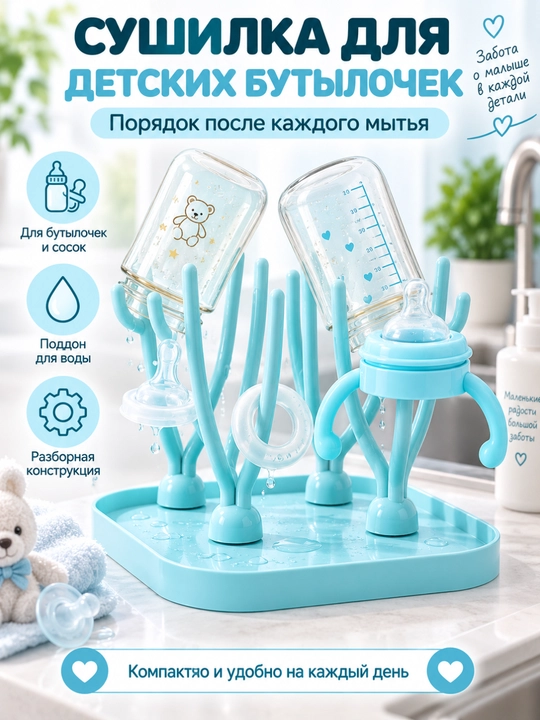 Сушилка для детских бутылочек и сосок с поддоном, разборная настольная - 