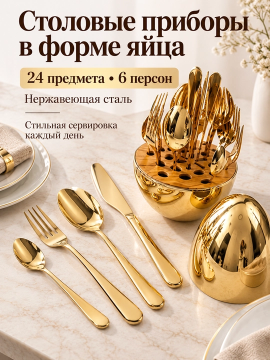 Набор столовых приборов в форме яйца, 24 предмета на 6 персон