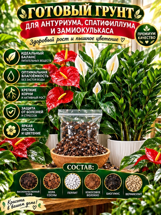 Готовый Торф для Замиакулькаса, Спатифиллиум, Антюриум, Идеальный Состав Грунта - 