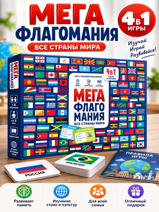 МегаФлагомания, флаги всех стран мира, 4 игры в 1 коробке, настольная игра - 