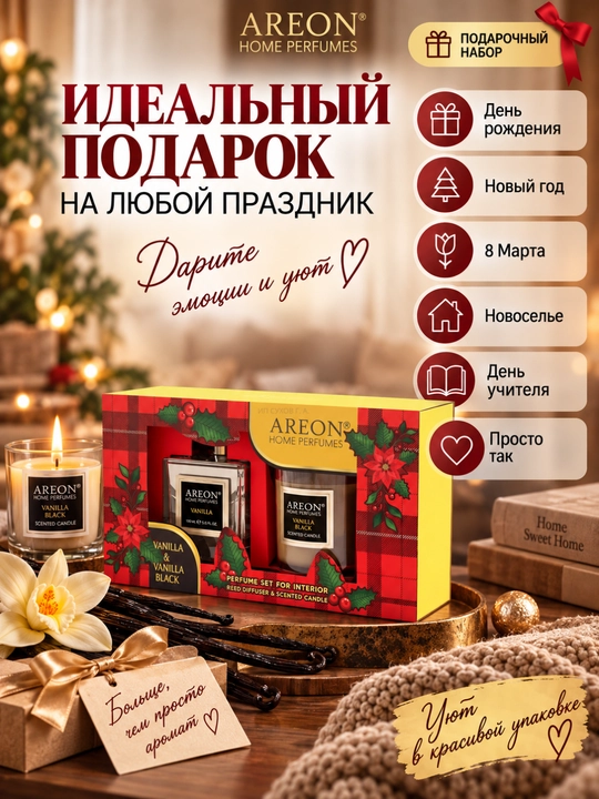 AREON sovg‘a to‘plami: aromatizator, xushbo‘y sham, sovg‘a, xushbo‘ylantirgich