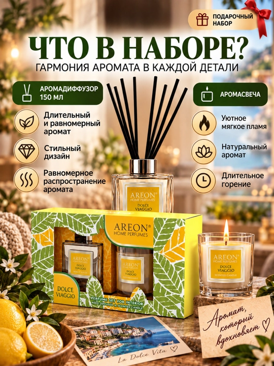 AREON sovg‘a to‘plami: aromatizator, xushbo‘y sham, sovg‘a, xushbo‘ylantirgich