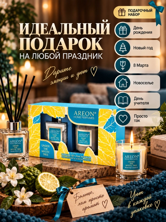 AREON sovg‘a to‘plami: aromatizator, xushbo‘y sham, sovg‘a, xushbo‘ylantirgich