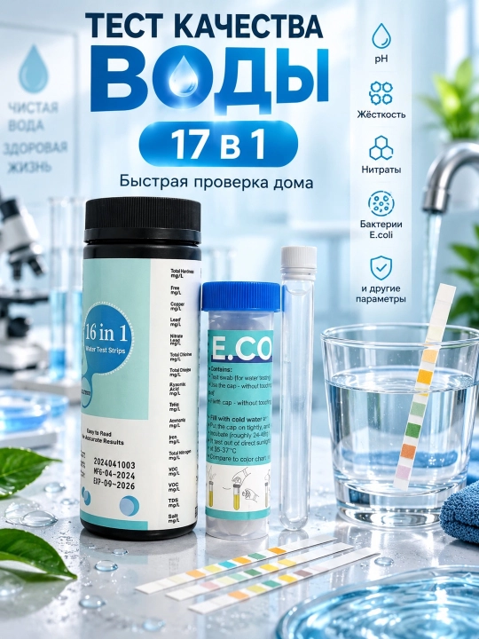 Лакмус тест - полоски, 17 в 1, набор для проверки качества воды - 