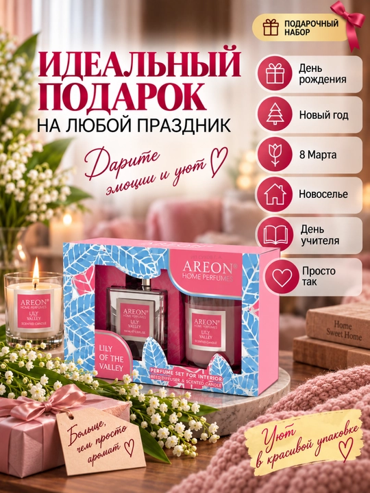 AREON sovg‘a to‘plami: aromatizator, xushbo‘y sham, sovg‘a, xushbo‘ylantirgich
