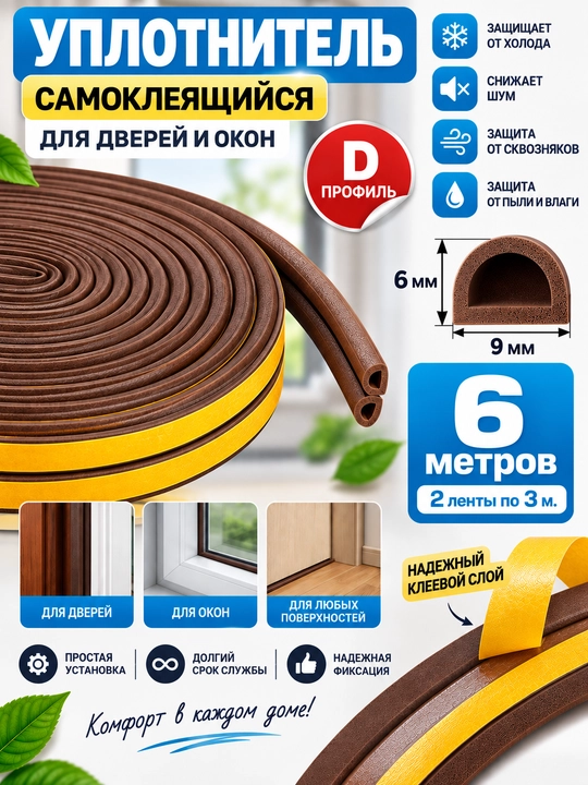 Уплотнитель самоклеящийся для окон и дверей 6 м (d образный) - 