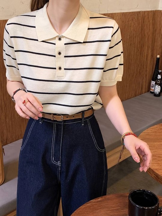 Ayollar uchun trikotaj polo jemfer, kalta yengli, chiziqli, oversayz, Free Size