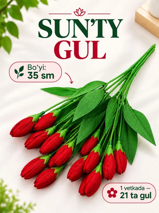 Dekor va interyer uchun lola sun'iy guli, boyi 37 sm, bitta vetkada 21 ta lola - 