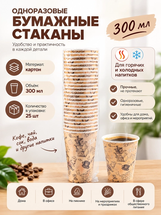 Bir martalik qog‘oz stakanlar 300 ml, 25 dona, mustahkam - 