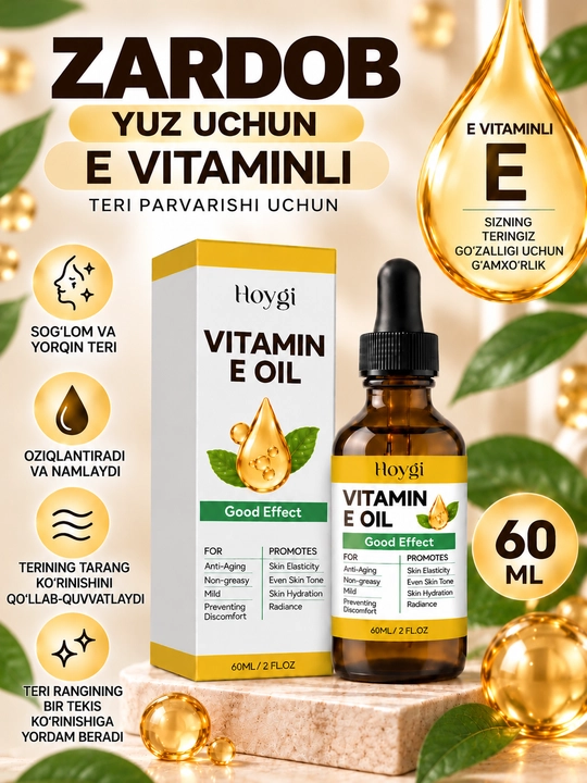 E vitamini bilan yuz uchun zardob, terining yorqinligi va tekis rangi uchun namlantiruvchi zardob