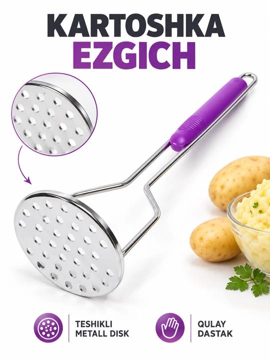 Zanglamaydigan po'latdan yasalgan kartoshka ezgich (tolkushka), qulay dasta bilan - 
