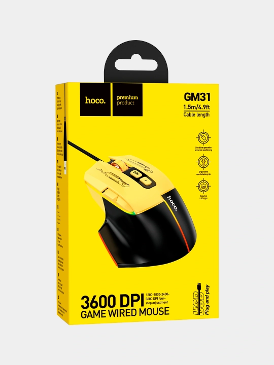 Simli o‘yin sichqonchasi Hoco GM31 Overlord, RGB yoritgichli, 3600 DPI (PC, noutbuk uchun)