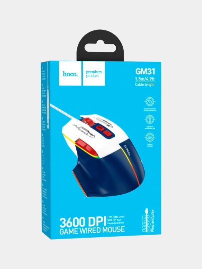 Simli o‘yin sichqonchasi Hoco GM31 Overlord, RGB yoritgichli, 3600 DPI (PC, noutbuk uchun)