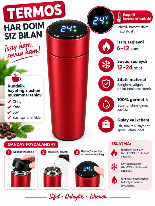 Raqamli harorat ko'rsatkichli aqlli termos Smart Termos, 500 ml, issiq va sovuq saqlaydi - 