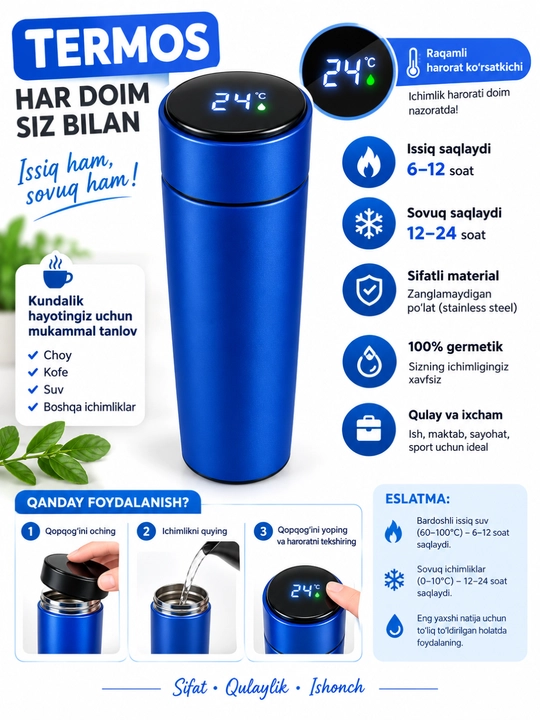 Raqamli harorat ko'rsatkichli aqlli termos Smart Termos, 500 ml, issiq va sovuq saqlaydi - 