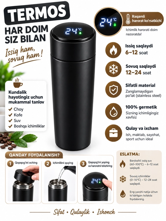 Raqamli harorat ko'rsatkichli aqlli termos Smart Termos, 500 ml, issiq va sovuq saqlaydi - 