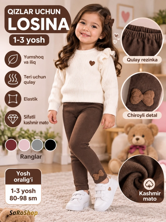 Qizlar uchun losinalar matosi chidamli issiqina kashmir, 1-3 yosh - 