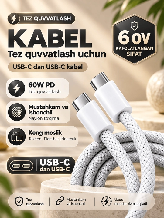 Iphone va Andiroid uchun Type-C/Type-C kabel Barcha qurilmalar uchun Iphone 15/16/17/18