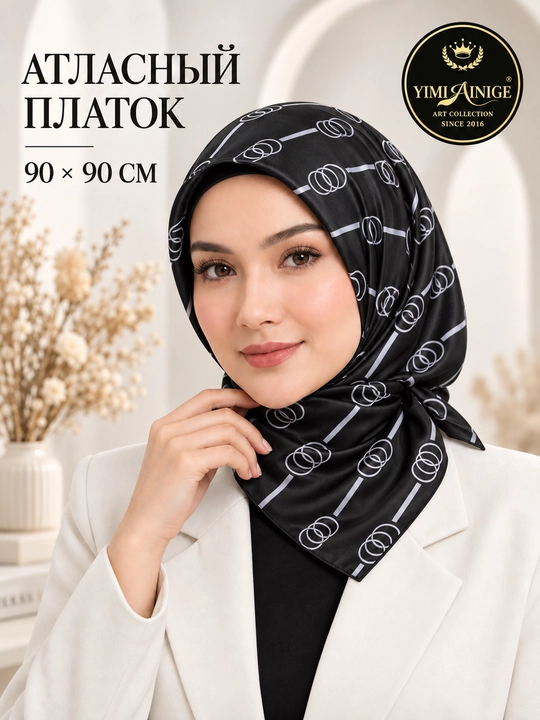 Ayollar uchun atlas ro‘mol 90×90 sm, naqshli bosh ro‘mol, hijob aksessuari - 