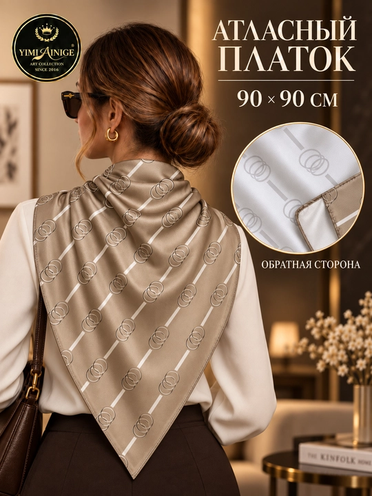 Ayollar uchun atlas ro‘mol 90×90 sm, naqshli bosh ro‘mol, hijob aksessuari