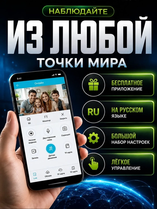 Мини-камера видеонаблюдения Wi-Fi 1080P 2 Мп с датчиком движения и microSD