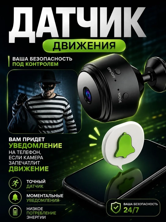 Мини-камера видеонаблюдения Wi-Fi 1080P 2 Мп с датчиком движения и microSD