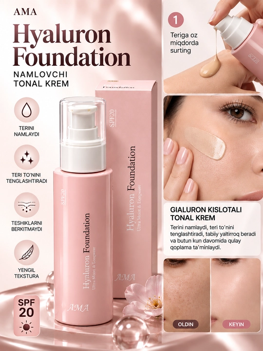 AMA Foundation SPF20 — тональный крем для лица, лёгкий тональный крем, увлажняющий - 
