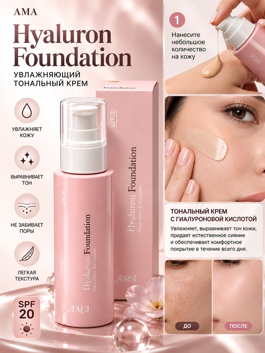 AMA Foundation SPF20 — тональный крем для лица, лёгкий тональный крем, увлажняющий