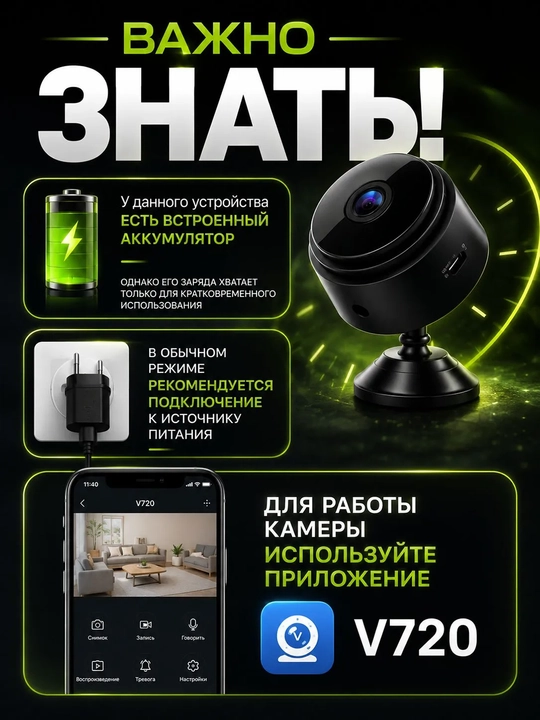 Мини-камера видеонаблюдения Wi-Fi 1080P 2 Мп с датчиком движения и microSD