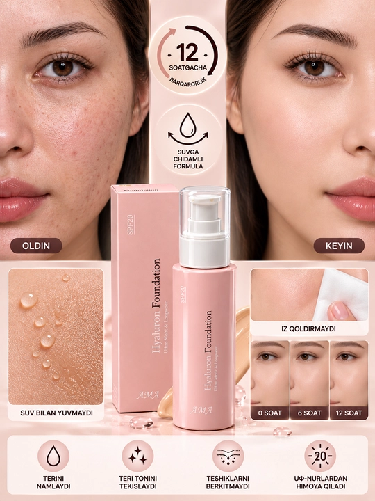 AMA Foundation SPF20 — тональный крем для лица, лёгкий тональный крем, увлажняющий