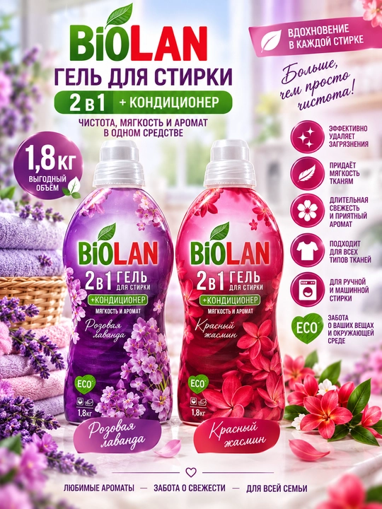 Гель для стирки Biolan 2 в 1 с кондиционером, 1,8 кг - 