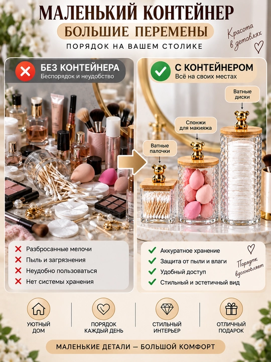 Premium akril kosmetika organayzer – paxta va aksessuarlar uchun konteynerlar set -3 dona