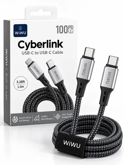 WiWU Cyberlink USB-C dan USB-C kabel, 100W PD, 1 m, neylon o‘ramli
